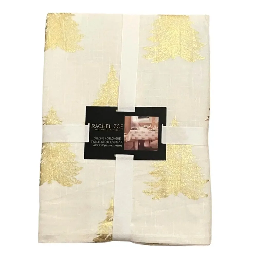 Rachel Zoe Metallic Gold Christmas Trees Holiday Tablecloth 60x120 Cotton New